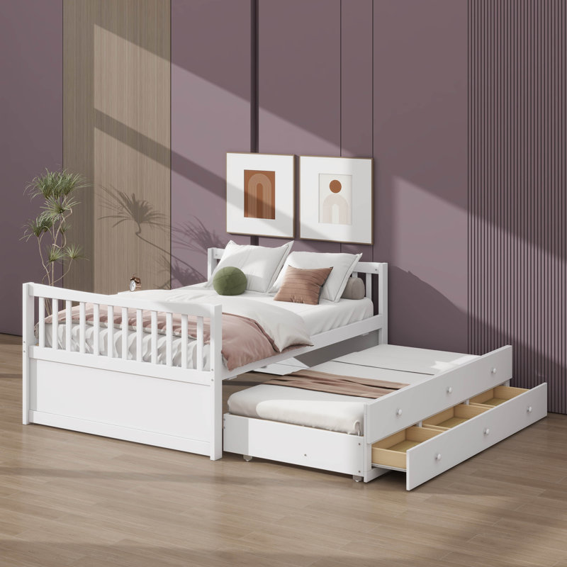 Full-Size Wooden Captain's Daybed With Twin Trundle And Three Storage Drawers, White