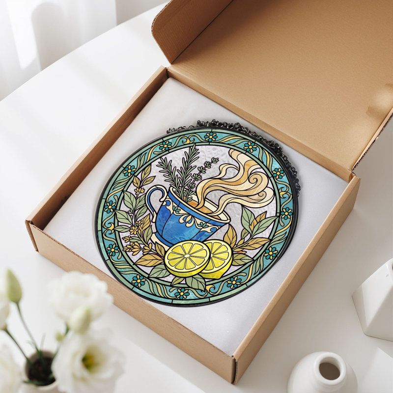 Tea Cup Stained Glass Window Panel，7.8H, 7.8"H