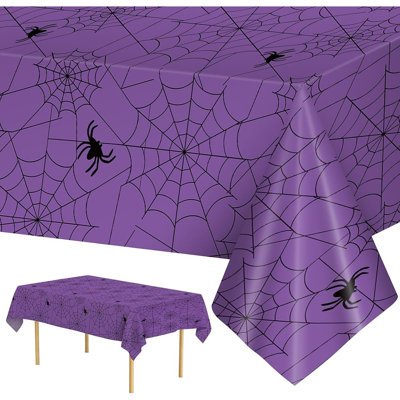 Ensemble de 2 nappes en plastique violet à motif toile d'araignée pour l'Halloween, décoration de table rectangulaire effrayante pour les fêtes d'Halloween, les réunions dans des maisons hantées et les célébrations saisonnières.