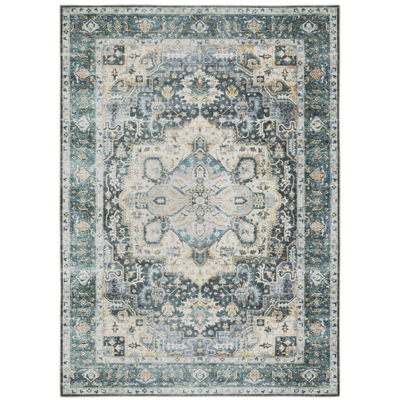 Housel Oriental Machine Washable Non-Skid Blue/Ivory Area Rug Mat, Rectangle 5' x 7'