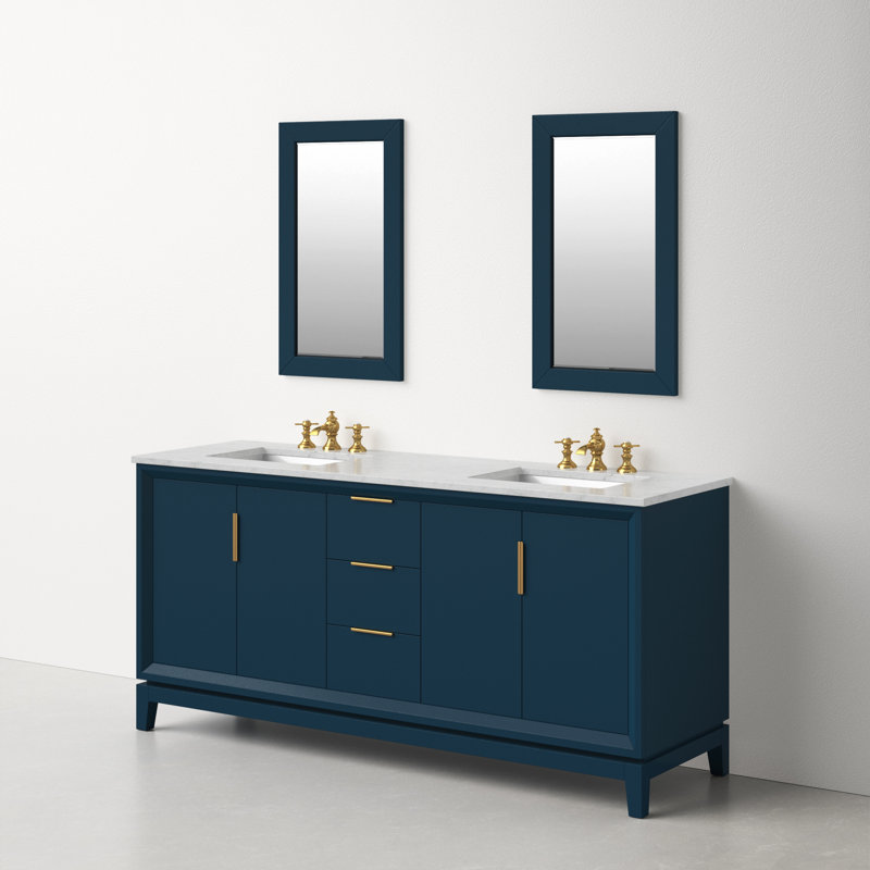 Elizabeth 72" Carrara White Marble Countertop Bath Vanity with Faucet and Mirror, Monarch Blue, Waterfall