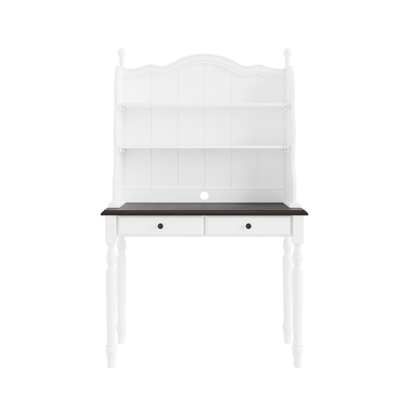 Bureau Mid-Century avec 2 tiroirs et tablettes de rangement, bureau de meuble-lavabo en bois, bureau d'étude pour bureau à domicile, blanc et espresso