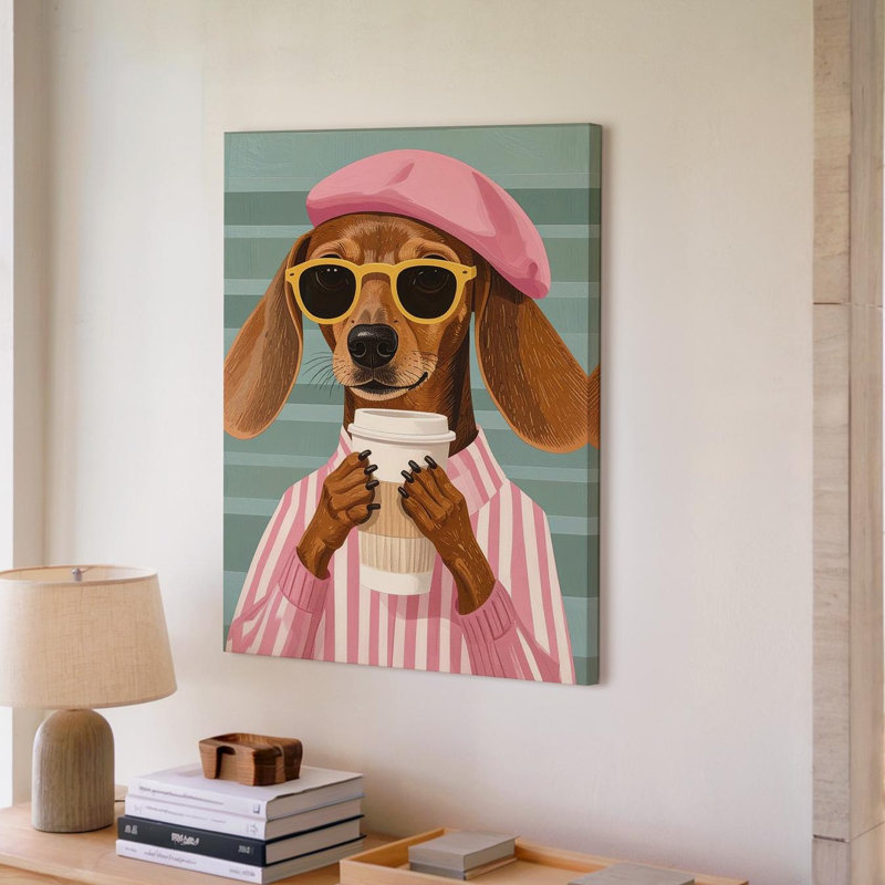 Teckel à la mode chien fantaisiste avec café et toile de style rétro prête à accrocher, H 11 po x l 14 po