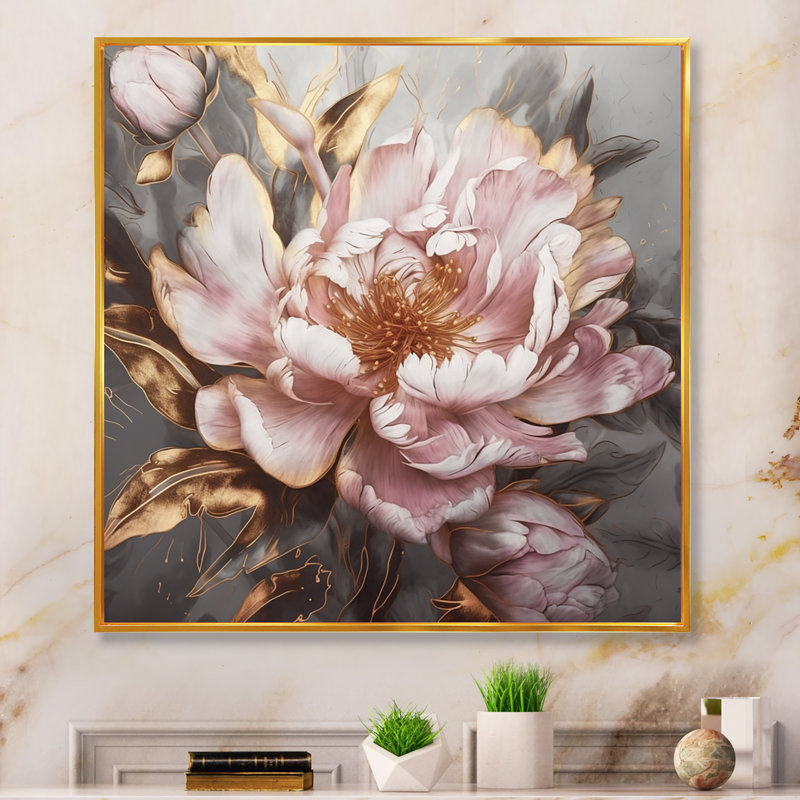 «Pink Gold Pe pivoens Petals» - reproduction d'art sur toile encadrée, H 24 po x l 24 po, Reproduction avec cadre flottant