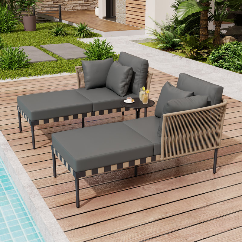 144 cm Long Double Chaise with Cushions and with Table, Grey