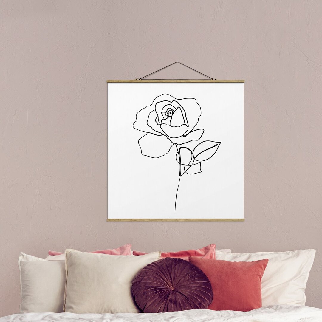 Stoffbild Mit Posterleisten - Line Art Rose Schwarz Weiß - Quadrat 1:1