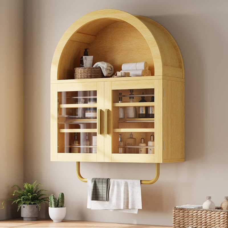 Armoire murale de salle de bain arquée avec portes en verre, armoire à pharmacie murale 26 "avec tablette réglable, armoire de rangement au-dessus de la toilette pour salle de bain, salle de lavage, cuisine, naturel