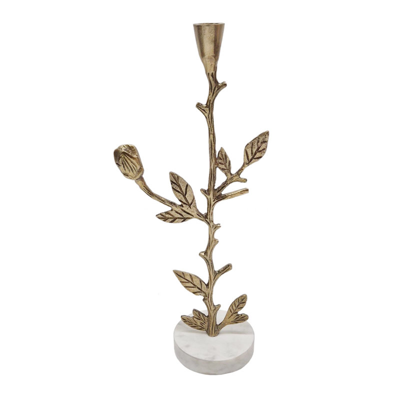 Support doré multi-conique avec branches complexes et support en marbre blanc, H 16 po x l 6,5 po x P 4 po