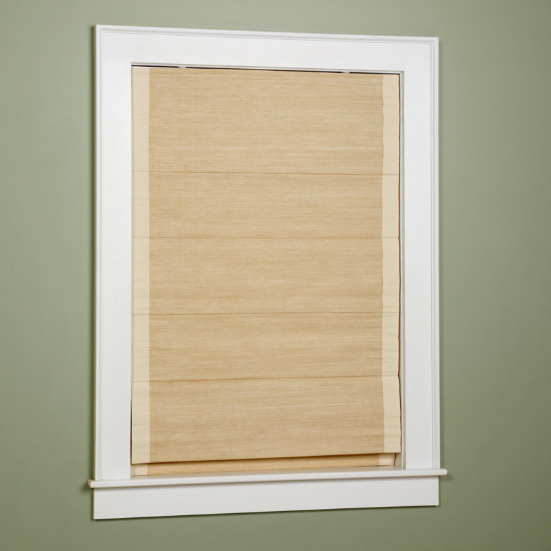 Voilage à la romaine obscurcissant en canne tissée, l 34 po x L 63 po, Naturel avec bordure couleur sable