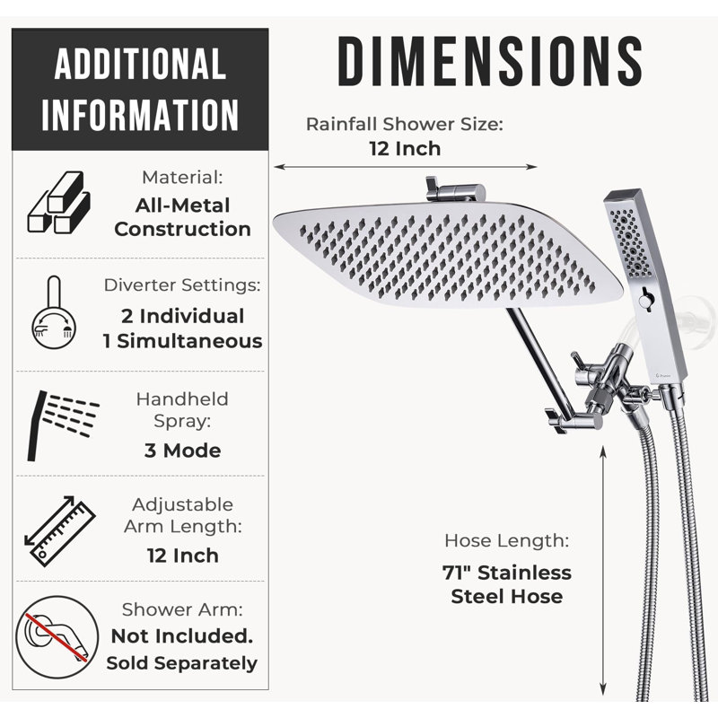 12" Dual Square Shower Head Combo, Rain Shower Head, 3-Way Diverter, 71" Extra Long Hose, Chrome