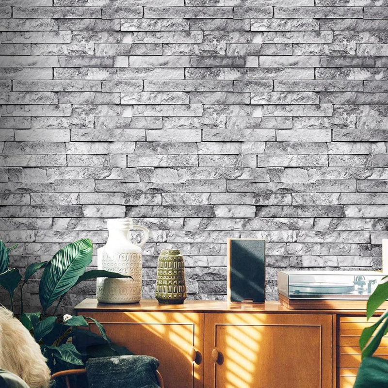 Grey Brick Wallpaper Peel and Stick 4 Rolls 40 x 300cm, Retro Faux 3D Rock Stone Textured Contact Paper