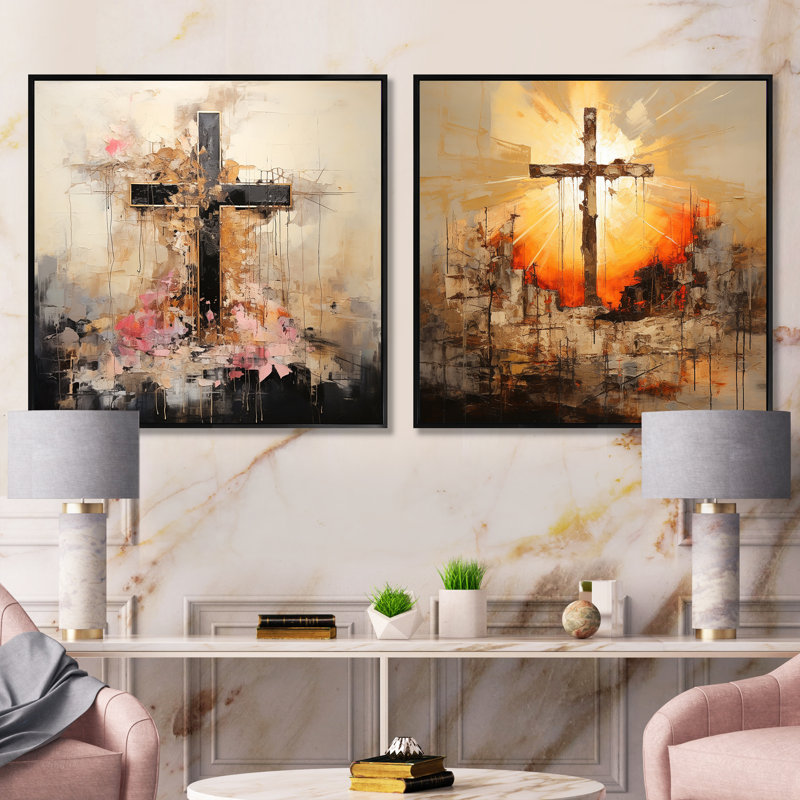Minimalisme floral, croix religieuse - ensemble de 2 collages carrés, Cadre flottant noir, H 16 po x l 33 po