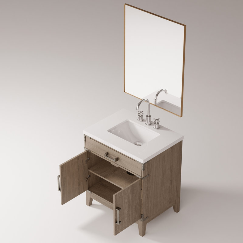 30 po Armoire de salle de bain en chêne gris X 22, comptoir en quartz blanc, miroir 28 et meuble-lavabo