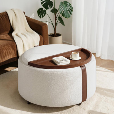 Round Upholstered Storage Ottoman With Wheels, Coffee Table With Reversible Top