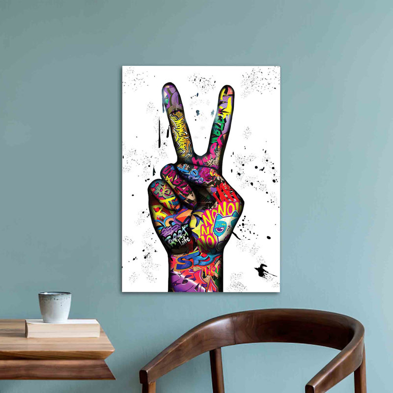 Illustration frappante de graffiti avec un signe de paix imprimé à la main sur du verre trempé de haute qualité, idéal pour une décoration murale chic et urbaine