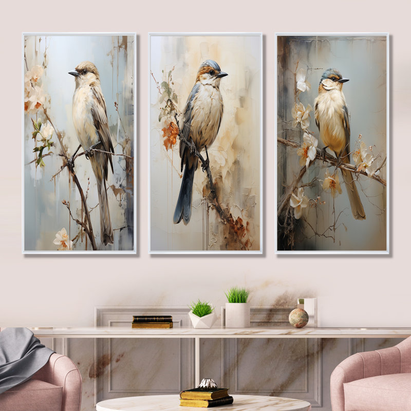 Minimalisme, oiseau beige sur une branche, H 32 po x l 48 po, Cadre flottant blanc