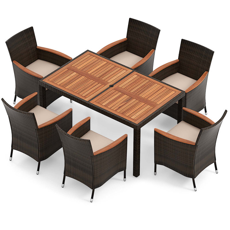 7-Piece Brown Wicker and Acacia Wood Outdoor Dining Set