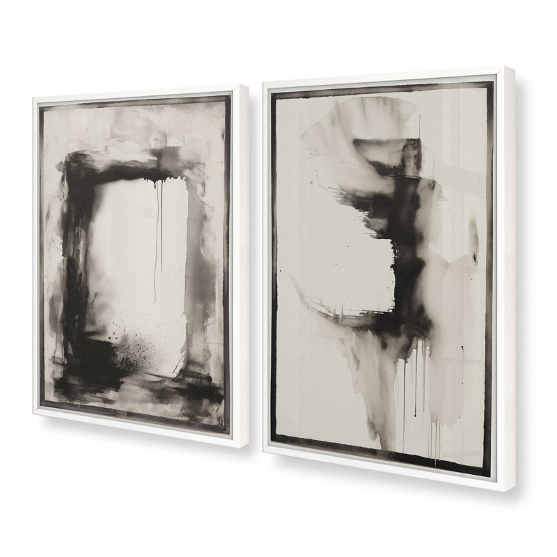 Ensemble de 2 estampes obsidiennes encadrées dans un cadre noir, 14 po x 11 po, Blanc opaque, H 15 po x l 24 po