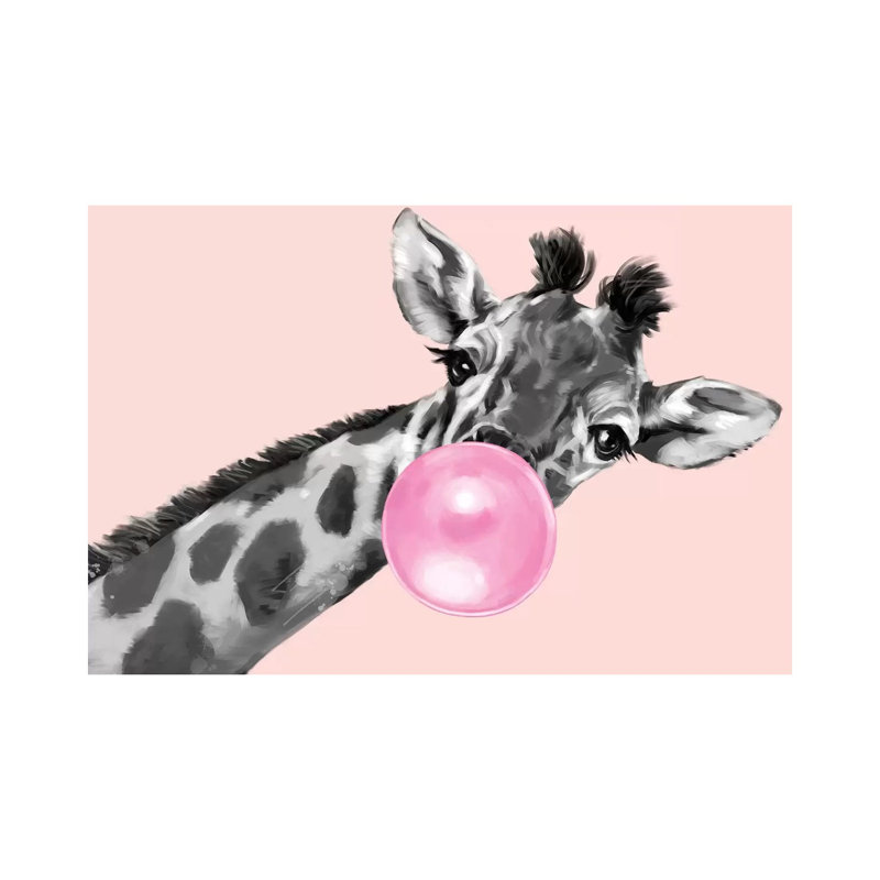 Sneaky Giraffe Blowing Bubble Gum In Pink by Big Nose Work - Wrapped Canvas Print, 30.48 cm H x 45.72 cm W