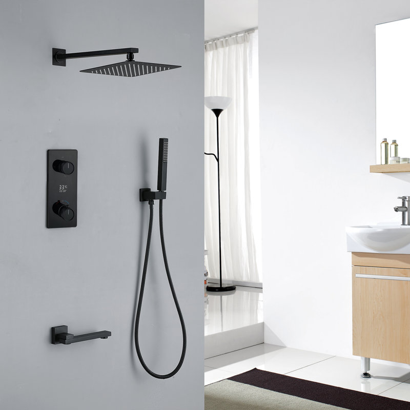 Wall-Mounted Digital Thermostatic Push-Button 3-Function Shower System, Matte Black