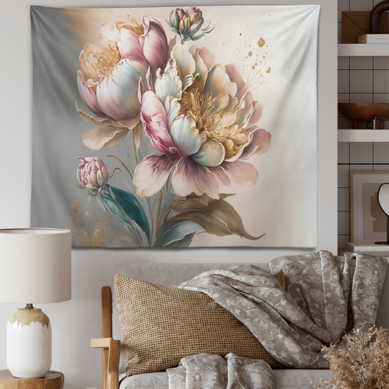 Tapisserie lys péruvienne en polyester rose et doré avec punaises, H 32 po x l 39 po