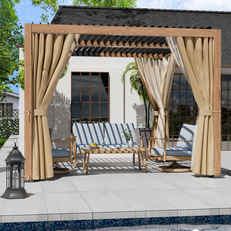 Pergola à persiennes en aluminium avec toit et rideaux réglables, Noir, 13 pi. L 10 pi. D