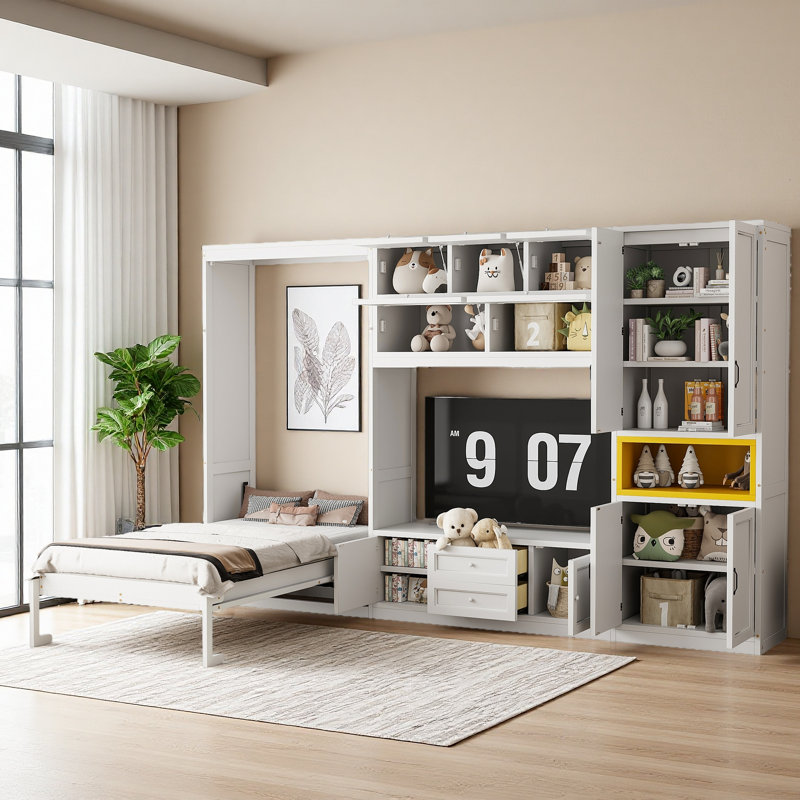 Lit escamotable simple en bois avec meuble télé, 2 tiroirs, tablettes et armoires, Blanc