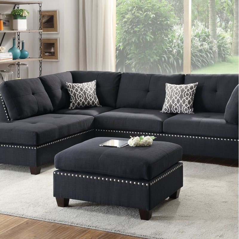 3 pièces Canapé modulaire avec coussins réversibles, Polyfibre noire, Face à la gauche