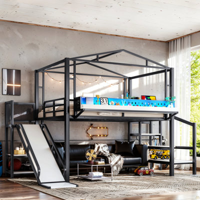 Lit mezzanine double avec escalier de rangement, tablettes et garde-robe intégrée, structure de lit mezzanine en métal avec ports USB et lumières DEL, conception à bruit réduit, noir