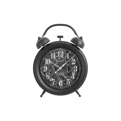 Liny Table Clock, Moving Gear Dial, 16 Inch Black Double Bell Vintage Look