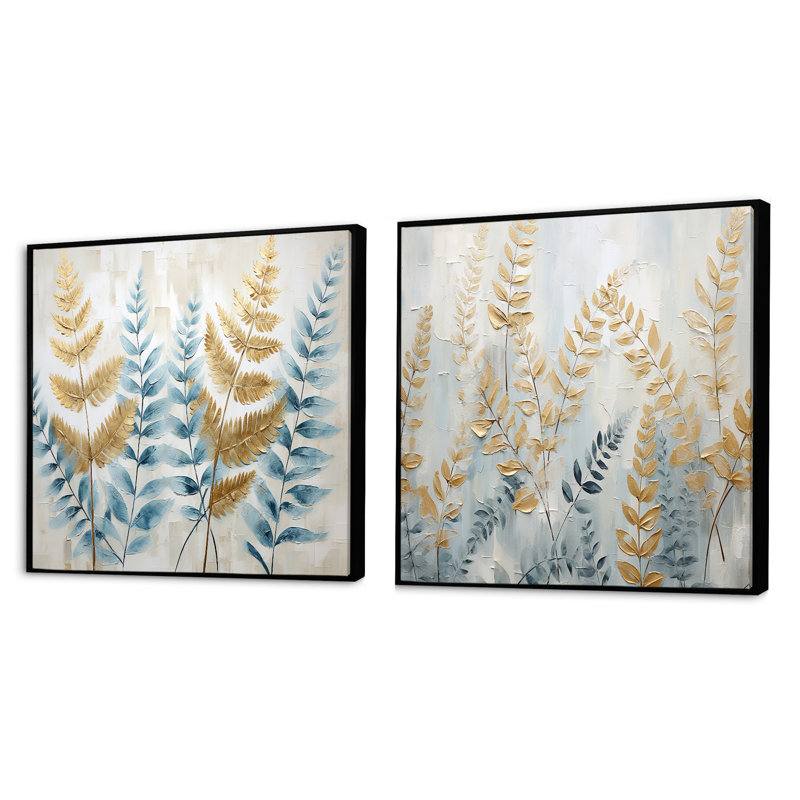 Blue and Golden Ferns Symphony - ensemble de 2 collages carrés de fougères, Cadre flottant noir, H 16 po x l 33 po