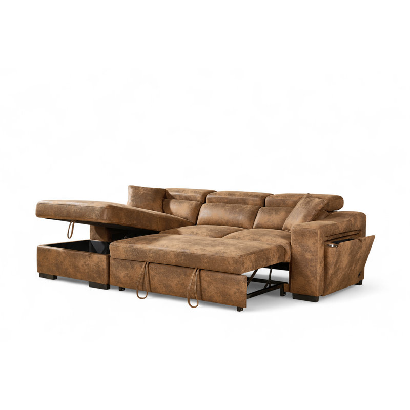 4 Seater Sofa Bed, Left Hand Facing, Brown Microfiber / Microsuede