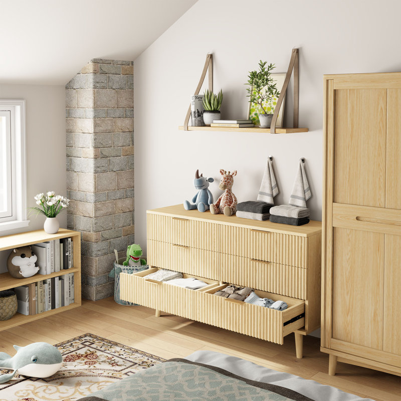 Commode pour chambre à coucher, commode 6 tiroirs avec poignées dorées, commodes modernes en bois et commodes, Naturel