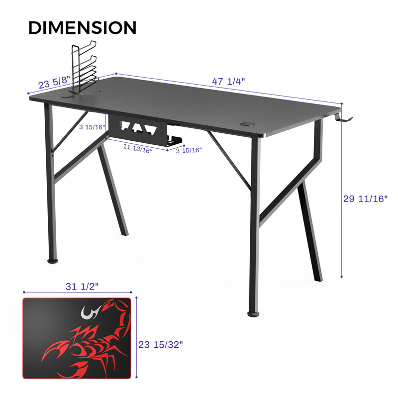 Captain 63 inch Gaming Desk , K Shaped Large Gaming Computer Desk, Black, 29.69" H x 55.12" W x 23.62" D