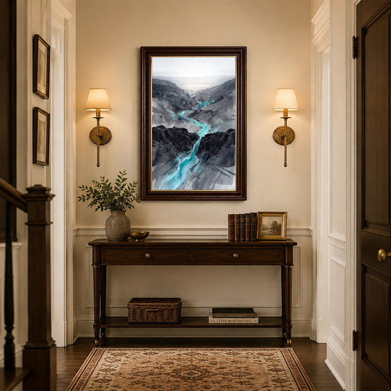 «Turquoise River Winding Through Gray Rocky Canyon», art mural, 18"H x 12"W
