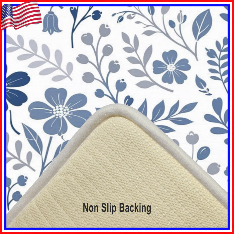 Tapis de bain à motif floral et botanique, L 24 po x L 17 po, Bleu moyen / gris clair