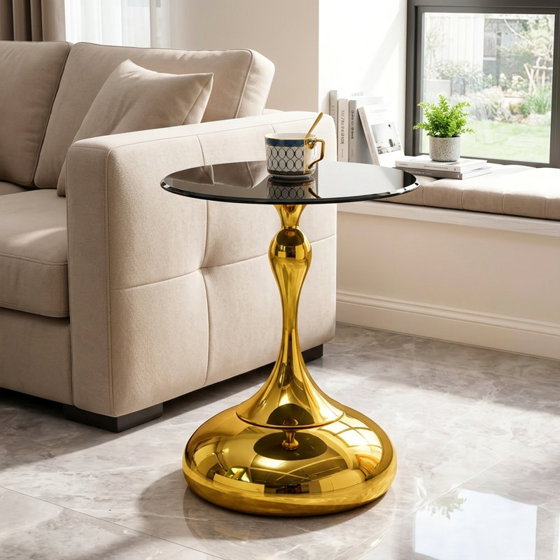 Modern Luxury 17.72" Round End Table with Tempered Glass Top, Gold