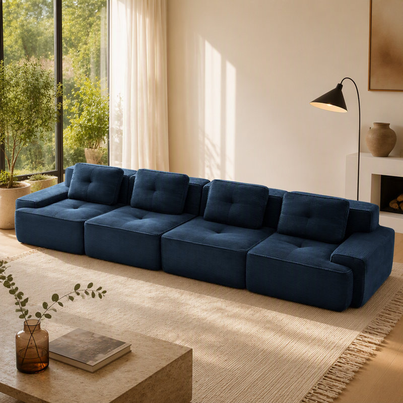 Canapé modulaire moderne en forme de U avec tissu velours côtelé, assise profonde et repose-pieds mobile, Velours côtelé bleu