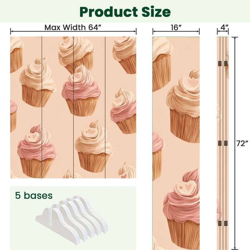 4 panneaux de paravent pliant Royal Cupcakes crémeux givré décorations de cœur toile douce séparateur de pièce cloison de protection autoportante cloison d'intimité