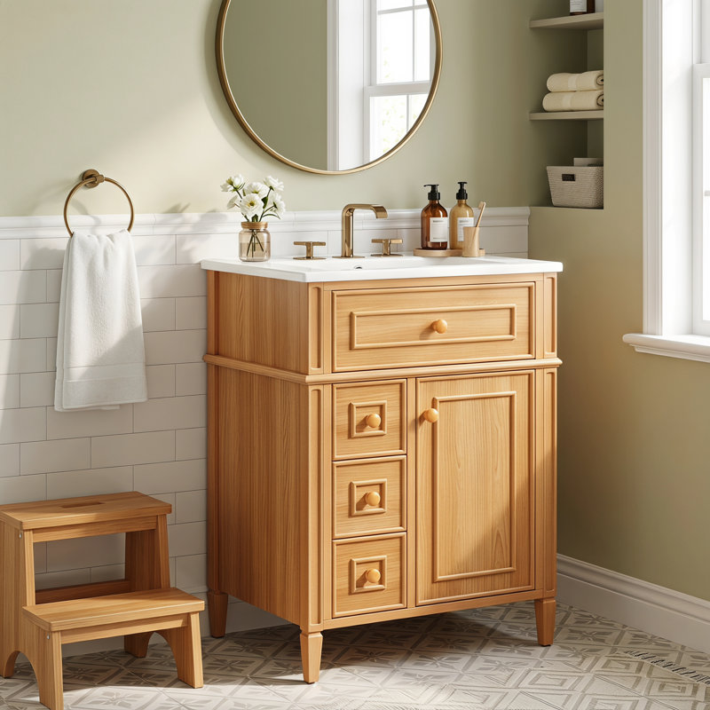 Meuble-lavabo 24 po avec lavabo, meuble-lavabo en bois avec tiroir rabattable, 2 tiroirs à fermeture en douceur, 1 porte à fermeture en douceur, bois massif et panneau de fibres à densité moyenne, poignées en bois élégantes