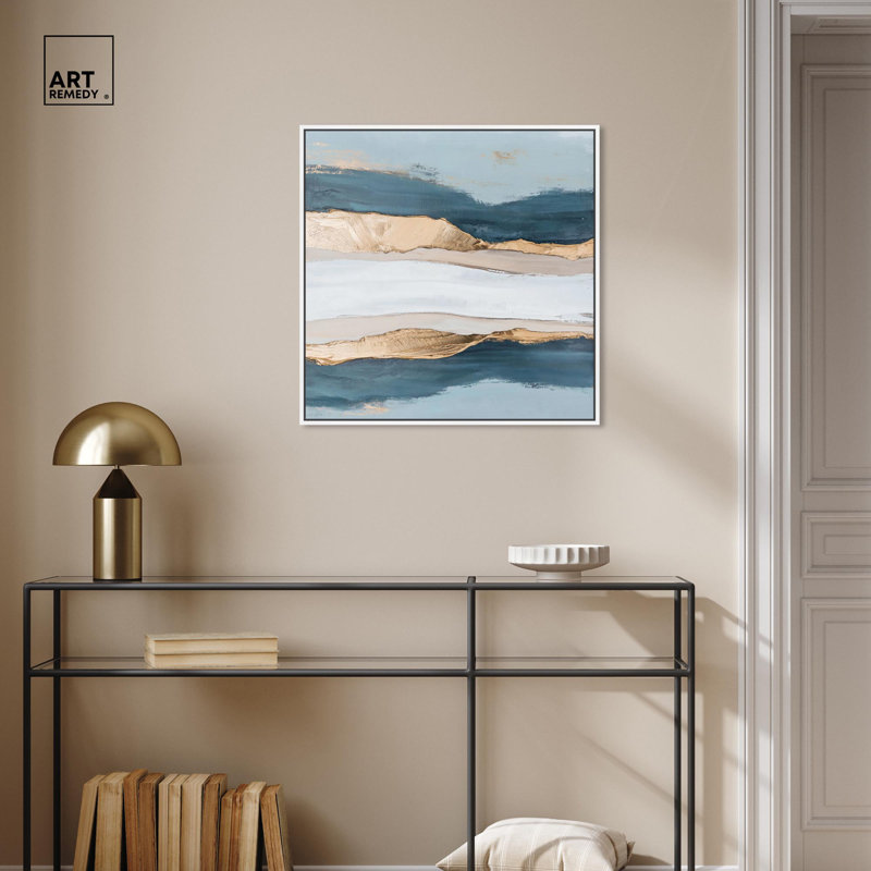 Art Remède abstrait avec toile dorée Blue Ridge III, H 40 po x l 40 po, Cadre blanc