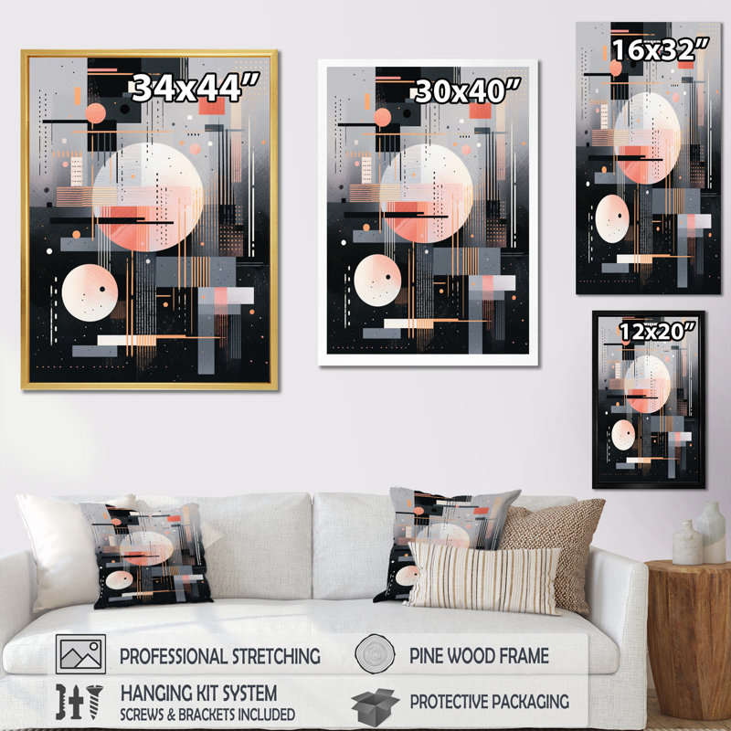 Tourbillons à multiples facettes gris pêche - reproduction sur toile, H 32 po x l 16 po x P 1 po, Cadre flottant noir
