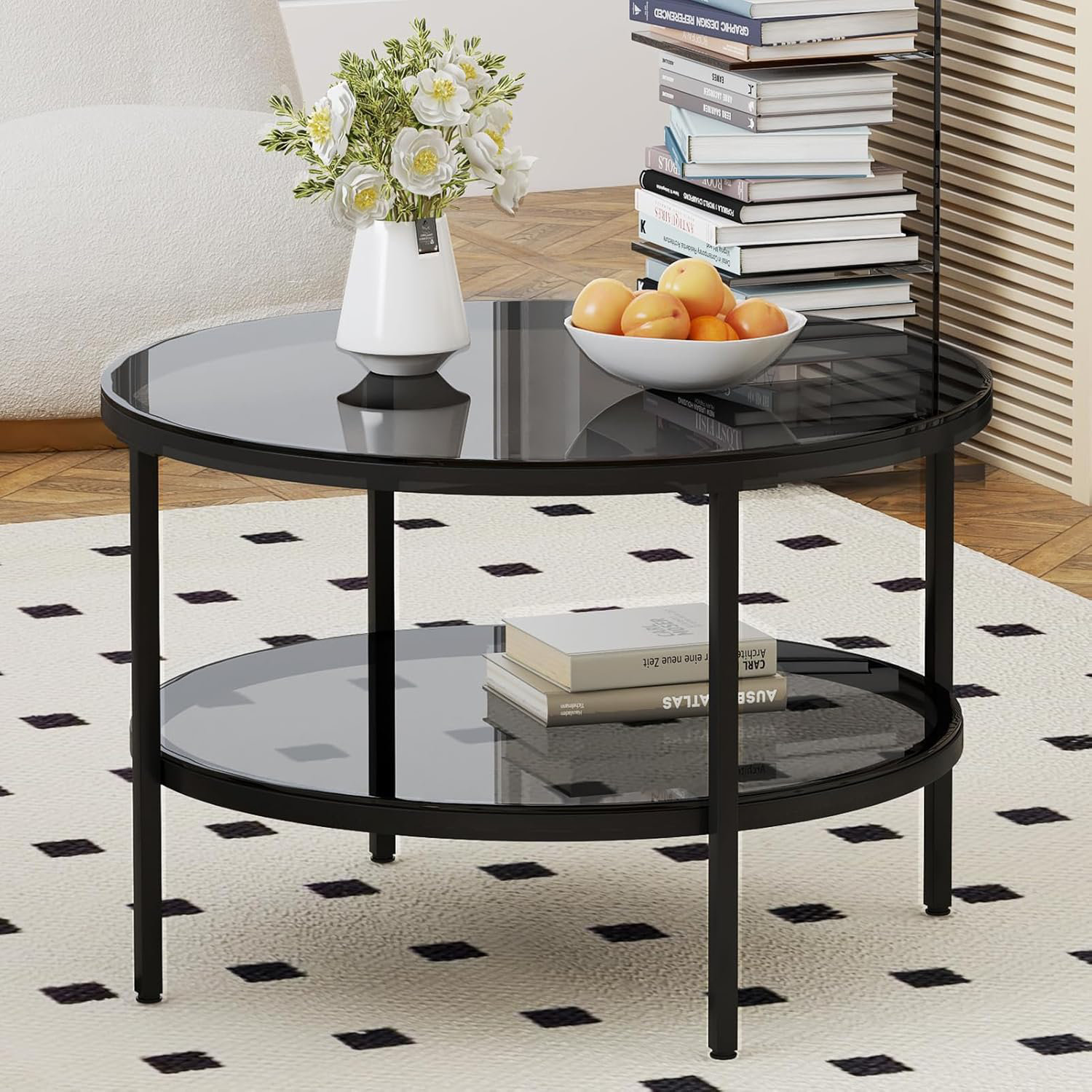 George Oliver Modern Round Glass Coffee Table With 2-Tier Storage ...