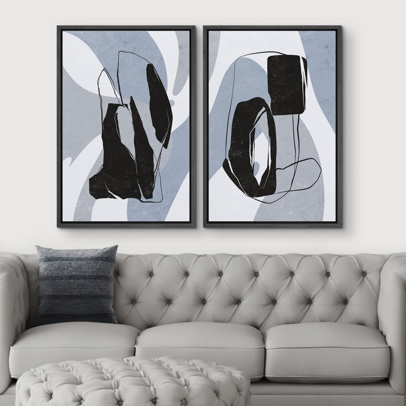 Géométrique, collage de formes géométriques pastel bleues, formes abstraites, art moderne nordique, Noir, H 24 po x l 32 po