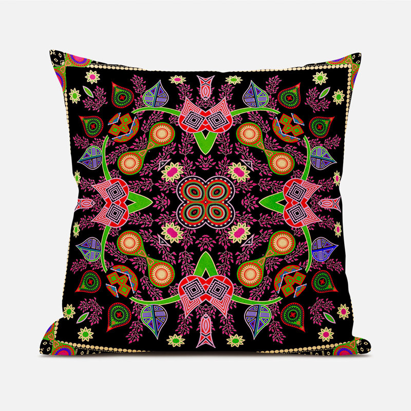 Paisley Outdoor Reversible Throw Pillow, 16" x 16", Black/Gold/Pink