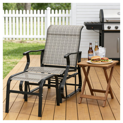 High Back Outdoor Glider Chair Set with Ottoman, Mesh Seat and Steel Frame, Black and Gray