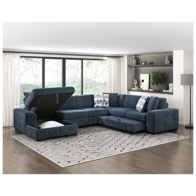 Chaise longue moderne taupe orientée vers la gauche avec rangement caché, revêtement en chenille touffeté et structure en bois massif