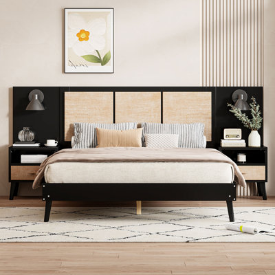 Queen Size Solid Wood Bed Frame With 2 Nightstands, Elegant Design With Lamps, Rattan And Wood Combination