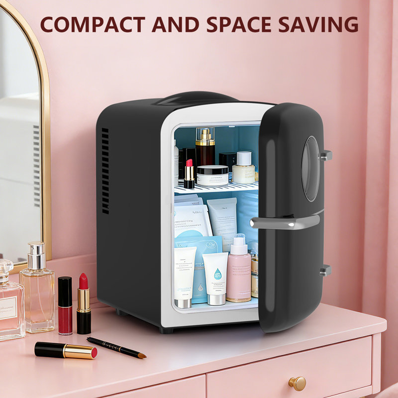 4L Skincare Mini Fridge - Cooler & Warmer, 6-Can Capacity, Round View Window + Removable Shelf, For Dorm/Bedroom, Black