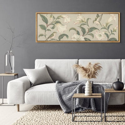 Elegant White Lily Flowers With Birds Botanical Nature Wall Decor - Large Framed Canvas Master Bedroom Wall Art Print